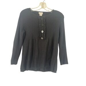 Kim Rogers Signature Black Ribbed Button Front Ruffle Sweater Top Women's Large